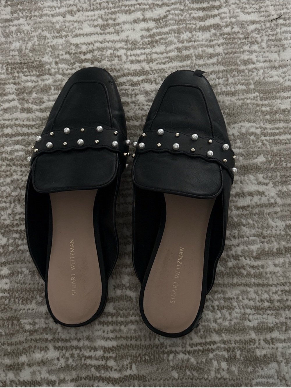 Stuart Weitzman Black Pearl-Studded Leather Slip-On Mules
